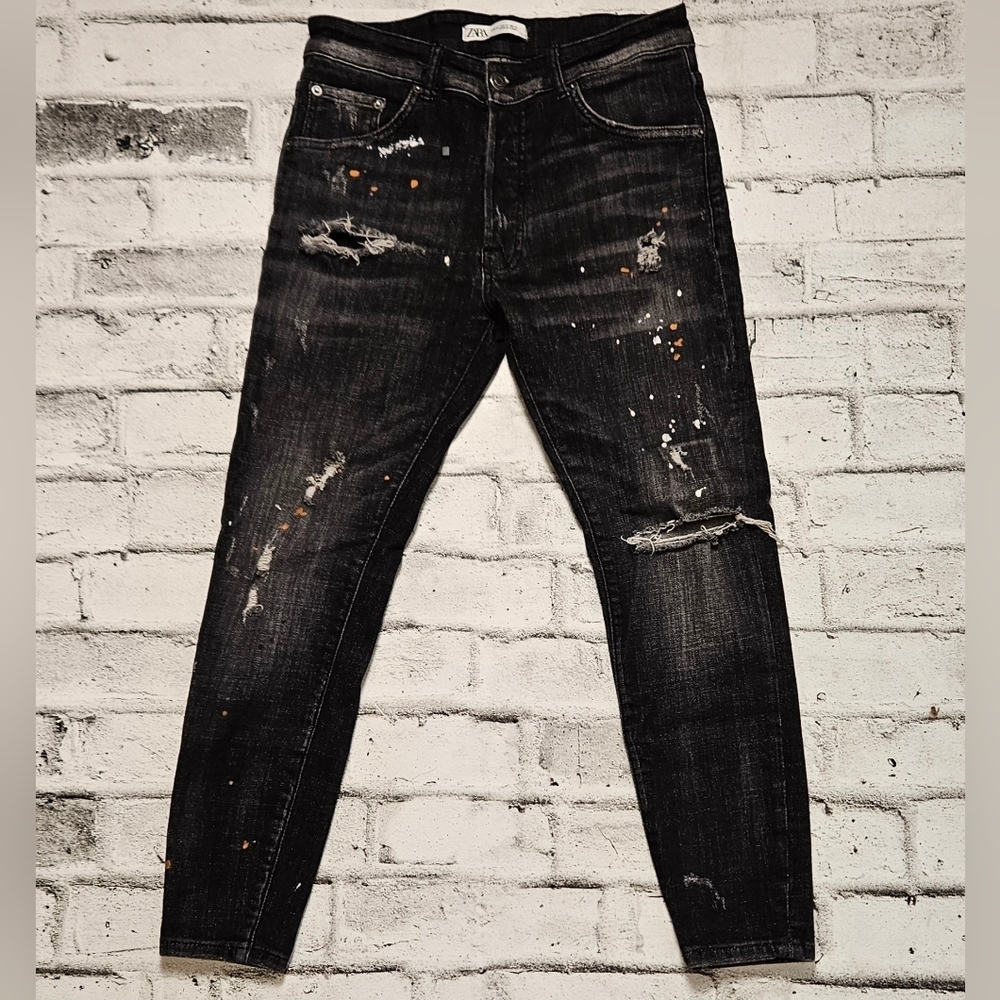 Zara Distressed Skinny Jeans Paint Splatter Black Denim Size 31